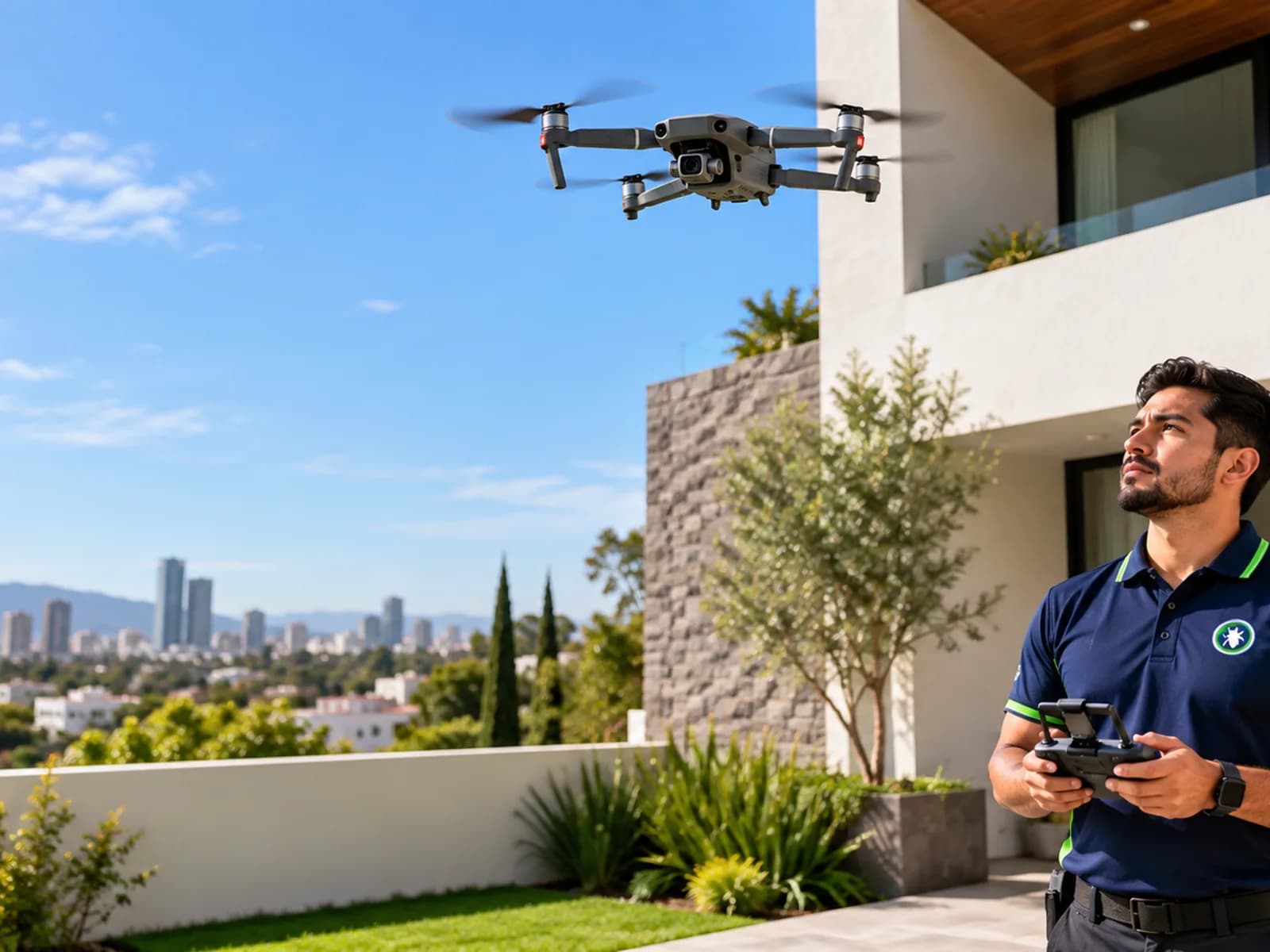 Técnico de Fumi Wash operando un dron de inspección frente a una residencia en Guadalajara