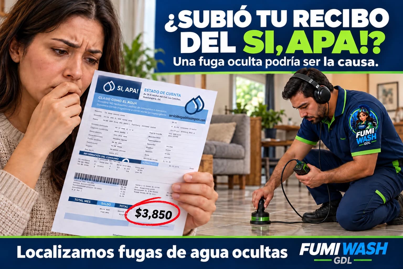 Anuncio: ¿Subió tu recibo de agua? Una fuga oculta podría ser la causa — Fumi Wash GDL localiza fugas de agua ocultas