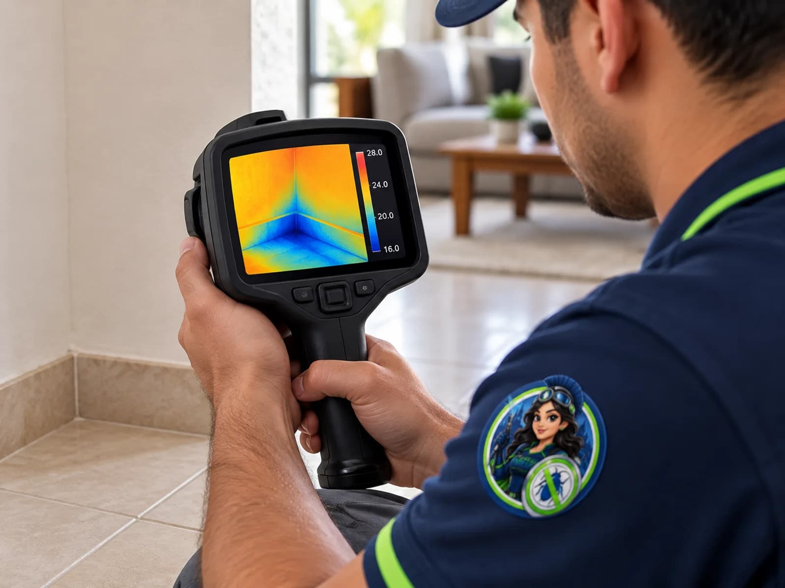 Técnico de Fumi Wash revisando una pared con cámara termográfica
