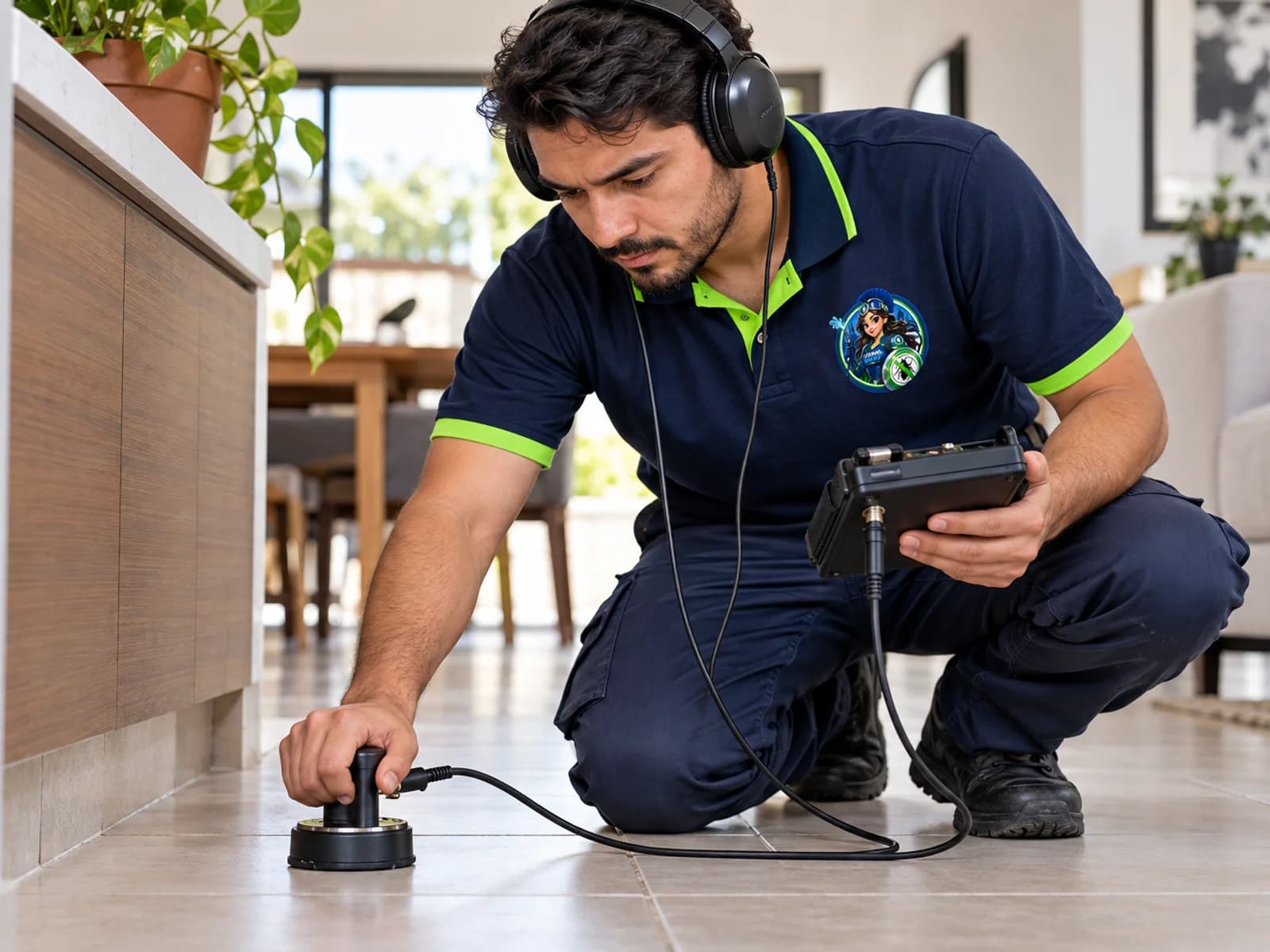 Técnico de Fumi Wash escuchando con equipo acústico sobre piso interior