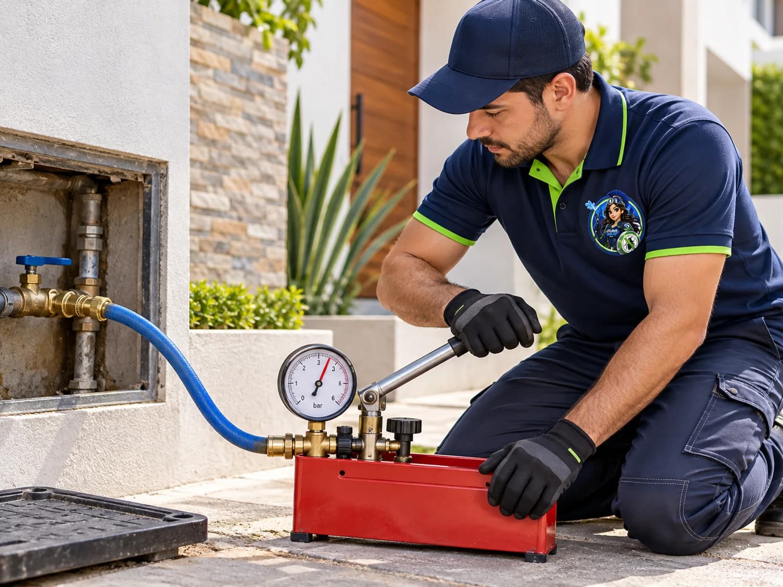 Técnico de Fumi Wash realizando una prueba de presión hidráulica en toma exterior